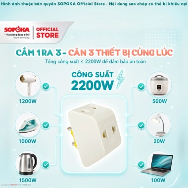 Đầu Nối Chia Điện 3 Cửa SOPOKA P11 Chống Tuột 2.200W Bảo Hành 2 Năm 42.000