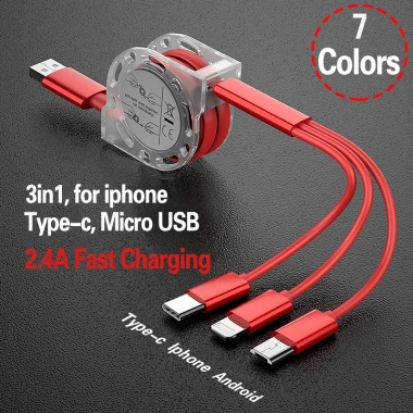 Dây Cáp Sạc Rút Tròn Đa Năng 3 Đầu 3 IN 1 - Sạc Nhanh, Siêu Bền, Cao Cấp, 28,050 VND