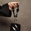 Dây đeo điện thoại lông tơ đen sang trọng, đính cườm, kẹp chống trộm, cổ tay 2