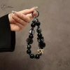 Dây đeo điện thoại lông tơ đen sang trọng, đính cườm, kẹp chống trộm, cổ tay 3