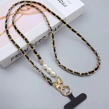 Dây đeo điện thoại xích kim loại ngọc trai Hàn Quốc, đeo dài chảnh phụ kiện nữ