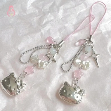 Dây điện thoại di động mèo con anime - Đồ trang trí thủ công cườm dangle DIY, phụ kiện trang sức