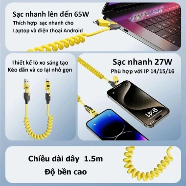 Dây sạc 4 trong 1 ô tô 1.5m, sạc nhanh PD 27W, C-C 65W, copy dữ liệu, giá 25.000₫ 5