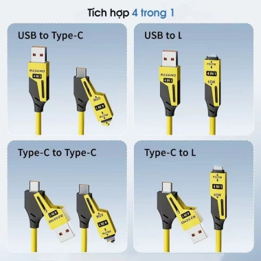 Dây sạc 4 trong 1 ô tô - Lò xo 1.5m, sạc nhanh PD 27W, C-C 65W, copy dữ liệu