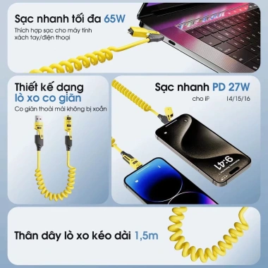 Dây sạc 4 trong 1 ô tô - Lò xo 1.5m, sạc nhanh PD 27W, C-C 65W, copy dữ liệu