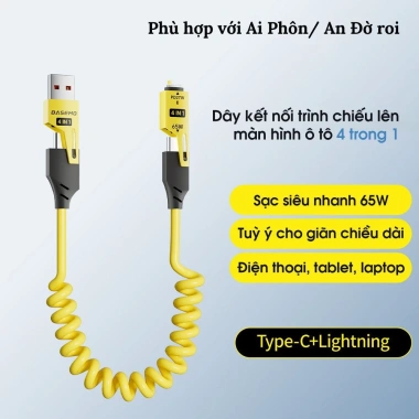 Dây sạc 4 trong 1 ô tô - Lò xo 1.5m, sạc nhanh PD 27W, C-C 65W, copy dữ liệu