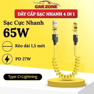 Dây sạc 4 trong 1 ô tô - Lò xo 1.5m, sạc nhanh PD 27W, C-C 65W, copy dữ liệu