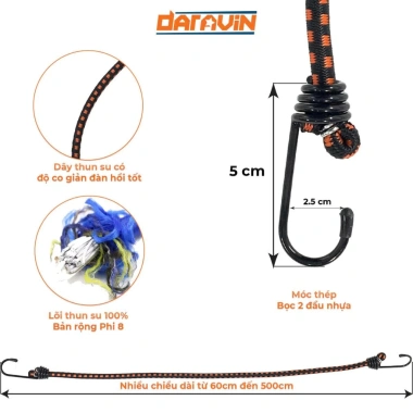 Dây thun ràng hàng DARAVIN móc thép phi 8 dài 0.6-5m - Ràng balo, vali du lịch tiện lợi, an toàn