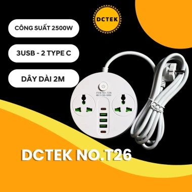 DCTEK T26/T27/T28 Ổ cắm du lịch 2m 2 lỗ, cổng sạc 12W - Tiện lợi, giá 170.000₫
