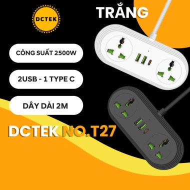 DCTEK T26/T27/T28 Ổ cắm du lịch 2m 2 lỗ, cổng sạc 12W - Tiện lợi, giá 170.000₫