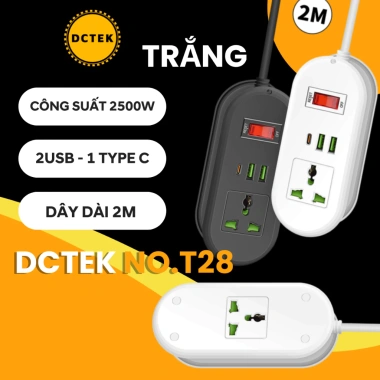 DCTEK T26/T27/T28 Ổ cắm du lịch 2m 2 lỗ, cổng sạc 12W - Tiện lợi, giá 170.000₫