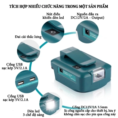 Đế chuyển pin Makita thành sạc dự phòng 2 cổng USB 5V2.1Ah, DC12V, đèn LED 3 chế độ – Giá 278.000₫ 3