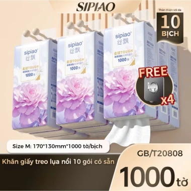 Deal HOT Thùng 10 Bịch Giấy Treo Đa Năng SIPIAO Hoa Mẫu Đơn 4 Lớp 1.000 tờ + Móc Treo - 68.000₫
