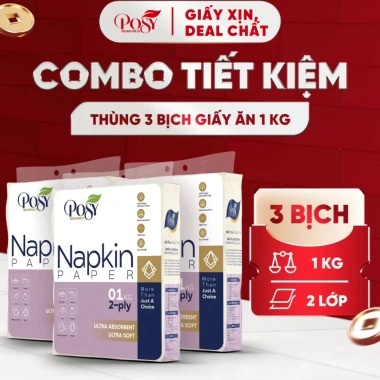 Deal Tiết Kiệm Thùng 3 Bịch Giấy Ăn POSY 1kg 2 Lớp Siêu Dai Thấm Hút Tốt An Toàn Da Chỉ 139.000₫