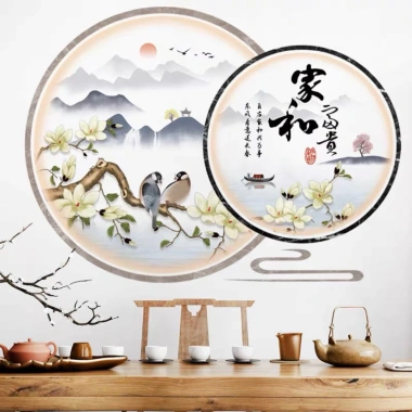 Decal dán tường khung tròn núi cành mai - Trang trí phòng khách sang trọng, dễ dán, giá ưu đãi 55.000 VND