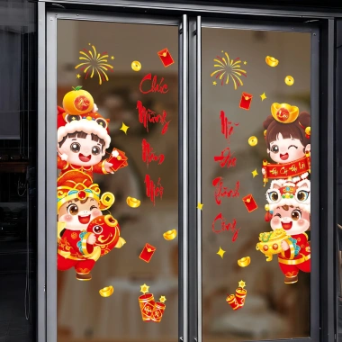 Decal Tết 2.026 Hít Tĩnh Điện 60x90cm - Lân Dễ Thương, Trang Trí Cửa Kính, Rước Tài Lộc