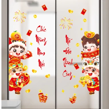 Decal Tết 2.026 Hít Tĩnh Điện 60x90cm - Lân Dễ Thương, Trang Trí Cửa Kính, Rước Tài Lộc