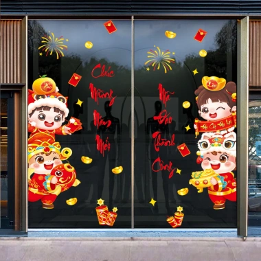 Decal Tết 2.026 Hít Tĩnh Điện 60x90cm - Lân Dễ Thương, Trang Trí Cửa Kính, Rước Tài Lộc