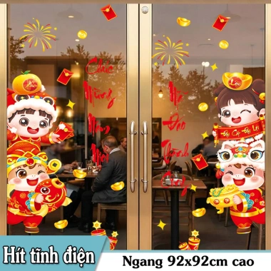 Decal Tết 2.026 Hít Tĩnh Điện 60x90cm - Lân Dễ Thương, Trang Trí Cửa Kính, Rước Tài Lộc