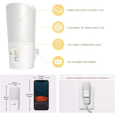 Đèn cắm ngủ mini OVIAN 1W cảm biến ánh sáng, điều chỉnh độ sáng, nhựa UL94 V0 – Giá chỉ 129.000₫