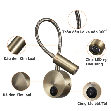 Đèn đọc sách gắn tường LED 3W 220V - Ánh sáng chiếu rọi, tích hợp đèn ngủ & đèn soi tranh, chỉ 129.000₫