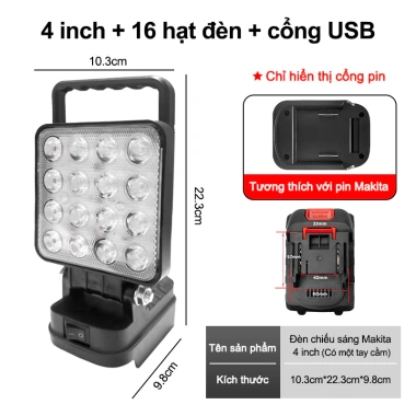 Đèn LED Di Động Không Dây 4 Inch Cầm Tay, Sáng Mạnh, Tương Thích 21V Makita, Dùng Ngoài Trời