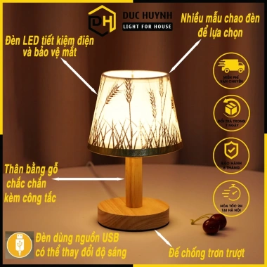 Đèn ngủ để bàn DN006 đế gỗ chao vải - Trang trí phòng ngủ sang trọng, giảm giá