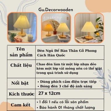 Đèn ngủ để bàn gỗ kiểu Hàn xếp ly, công tắc 3 màu ánh sáng, đế gỗ nguyên khối - Giá chỉ 29.000 VND 2