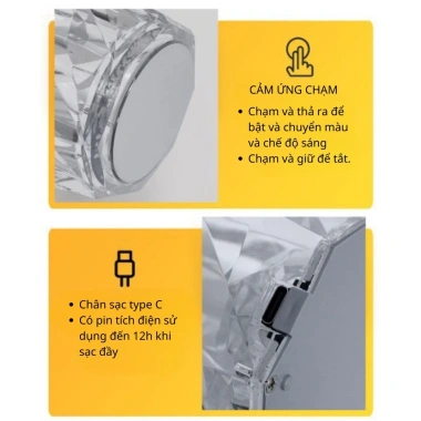 Đèn ngủ pha lê cảm ứng 16 chế độ sáng - Đèn để bàn trang trí GRB kèm USB, chỉ 89.999₫