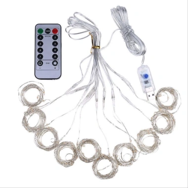 Đèn nháy LED rèm mành 10 sợi, điều khiển từ xa, 13 chế độ, cắm USB, 57.000₫