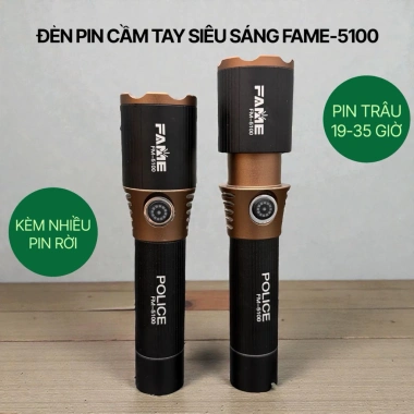 Đèn Pin Cầm Tay FAME FM-5.100 Siêu Sáng 500m, Zoom Xa Gần, Pin Rời, Nhôm 215k