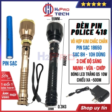 Đèn Pin Cầm Tay Police 418 Led Cree Q5 10W Trắng - Vỏ Kim, 3 Chế Độ, Pin Sạc, Giá 255k - H2Pro Tech