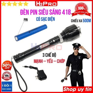 Đèn Pin Cầm Tay Police 418 Led Cree Q5 10W Trắng - Vỏ Kim, 3 Chế Độ, Pin Sạc, Giá 255k - H2Pro Tech