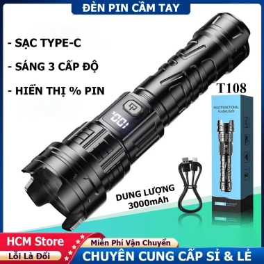 Đèn Pin Cầm Tay T108 Siêu Sáng, Chống Nước, 3 Chế Độ, Pin Dung Lượng Lớn - 99.000₫