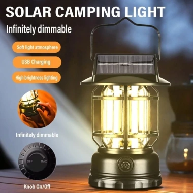 Đèn pin cắm trại LED năng lượng mặt trời, điều chỉnh độ sáng, sạc USB, đèn lều di động có móc treo đèn bàn ngoài trời