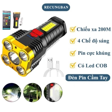 Đèn pin siêu sáng 5 bóng Pro, chiếu xa 200m, chống thấm, pin trâu, 4 chế độ 69k