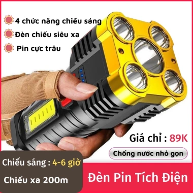 Đèn pin siêu sáng 5 bóng Pro, chiếu xa 200m, chống thấm, pin trâu, 4 chế độ 69k 4 Đèn pin siêu sáng 5 bóng Pro, chiếu xa 200m, chống thấm, pin trâu, 4 chế độ 69k 4