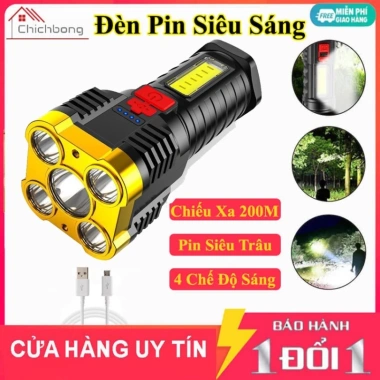 Đèn pin siêu sáng 5 bóng Pro, chiếu xa 200m, chống thấm, pin trâu, 4 chế độ 69k