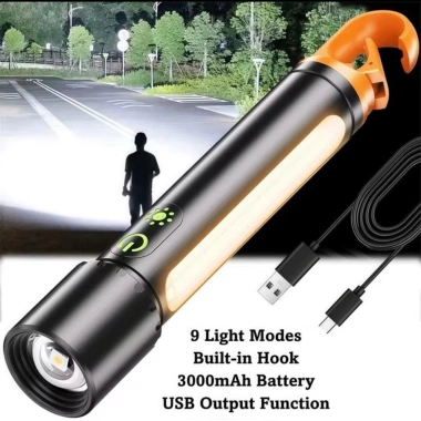 Đèn pin siêu sáng 9 chế độ zoom xa, móc treo, sạc, đèn vàng đọc sách - 223.500 VND