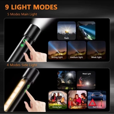 Đèn pin siêu sáng 9 chế độ zoom xa, móc treo, sạc, đèn vàng đọc sách - 223.500 VND