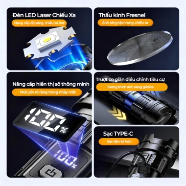 Đèn pin siêu sáng T1.080 2.000 lumen - Công suất cao, chống nước, sạc USB, cho cắm trại và phượt, giá ưu đãi 76.440₫