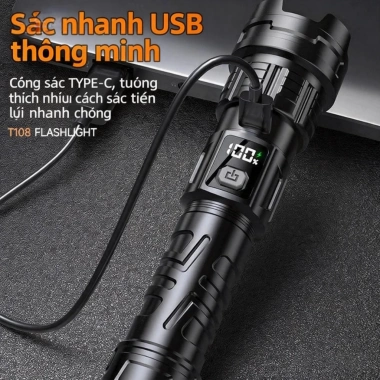 Đèn pin siêu sáng T1.080 2.000 lumen - Công suất cao, chống nước, sạc USB, cho cắm trại và phượt, giá ưu đãi 76.440₫