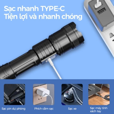 Đèn pin siêu sáng Zoom cầm tay, kính thiên văn, màn hình kỹ thuật số, Type‑C sạc nhanh, mẽ cho cắm trại và câu cá, giảm 23%