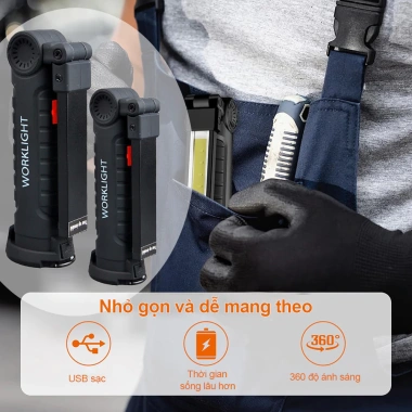 Đèn pin xoay 360 LED sạc lại, đế từ tính, 5 chế độ - Quà tặng nam giới