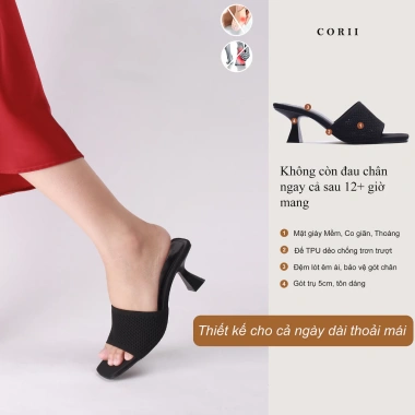 Dép guốc cao CORI I CR10.261 đen mũi vuông, gót quai ngang, bản nhỏ, thời trang Tết 2.026 - chỉ 310.000₫