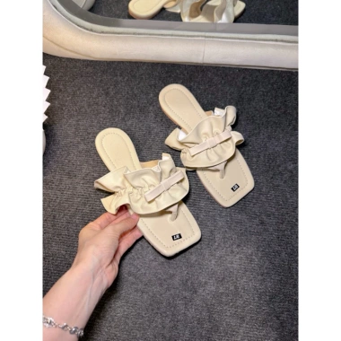 Dép kẹp nữ xỏ ngón quai nhún bèo đính nơ, đế bệt 1cm da mềm, giá ưu đãi 79.999đ