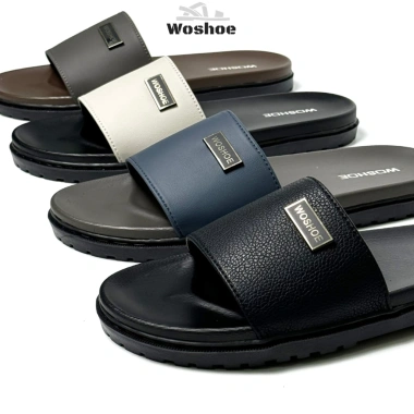 Dép nam quai ngang WOSHOE khâu dấu chỉ, chống thấm nước, da microfiber cao cấp