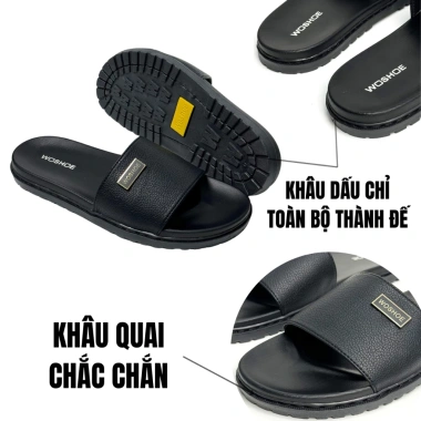 Dép nam quai ngang WOSHOE khâu dấu chỉ, chống thấm nước, da microfiber cao cấp