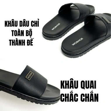 Dép nam quai ngang WOSHOE khâu dấu chỉ, chống thấm nước, da microfiber cao cấp