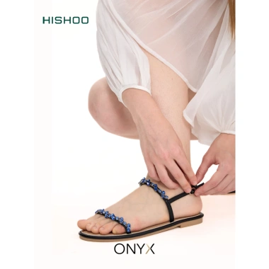 Dép sandal nữ quai dây mảnh đính đá thấp 1cm - Đi biển thời trang cao cấp Hishoo S147 345k